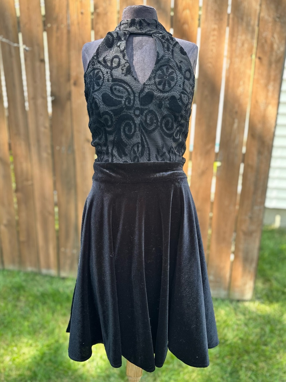 B. Smart Black Halter Velvet & Lace Fit-and-Flare Mini Dress